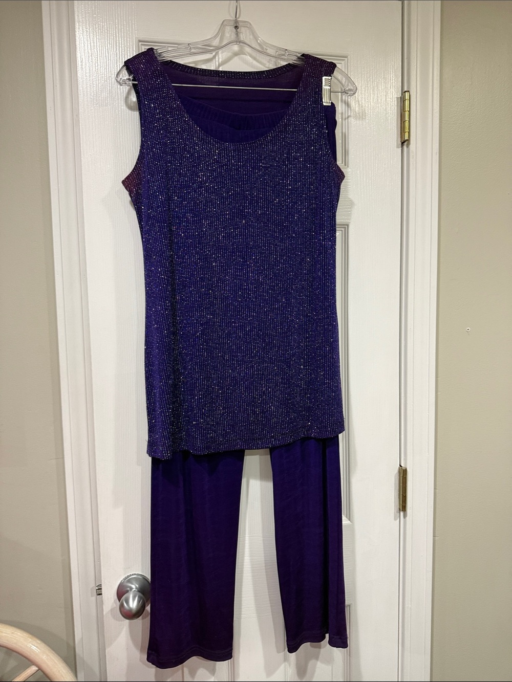 short sleeve purple/bluish sequin top and pants to match